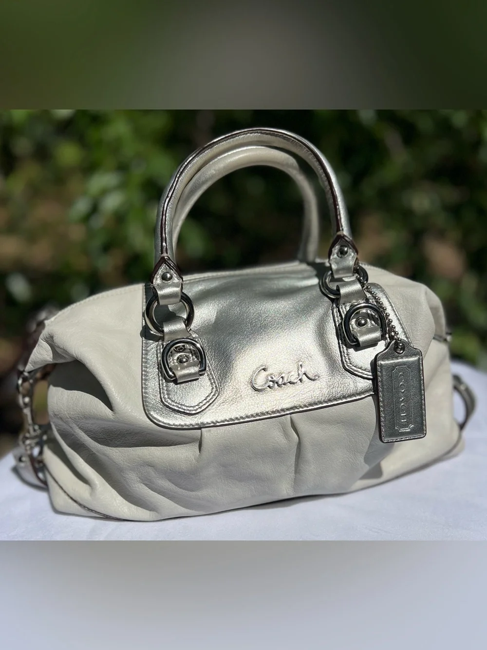 Coach Two-Tone Metallic Ashley White and Silver Leather Satchel Y2K Era